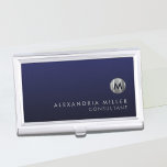 Minimal Luxury Navy Blue Silver Monogram Business Card Holder<br><div class="desc">Minimalist monogram design with brushed metallic silver monogram medallion with personalised name and title or custom text below on a gradient background in shades of navy blue. Personalise for your custom use.</div>