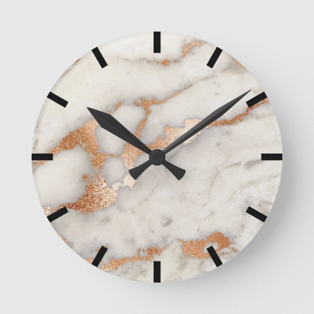 Minimal Marble Coral Rose Gold Black White Urban Round Clock (Front)