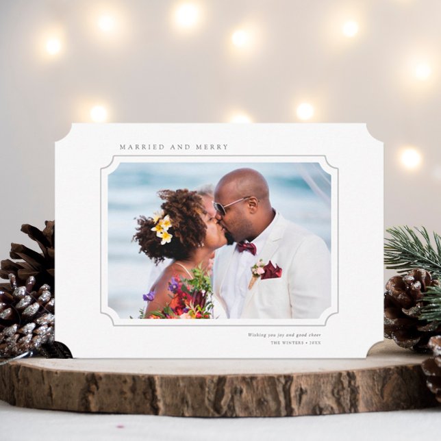 Minimal Married & Merry Newlyweds Photo Landscape Holiday Card (Creator Uploaded)