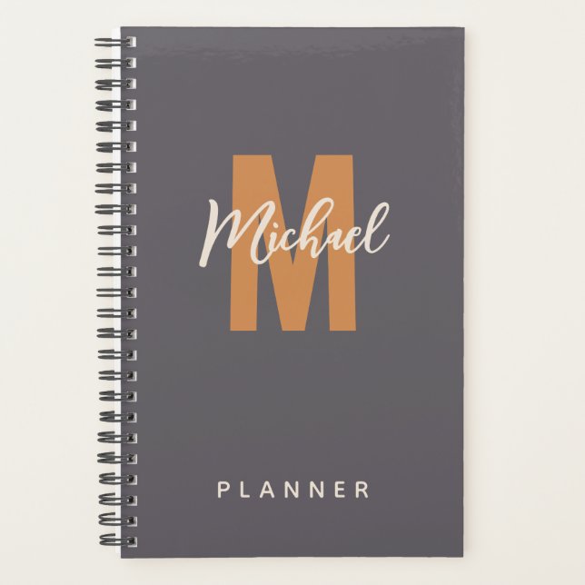 Minimal Masculine Dark Grey/Grey Monogram Name Planner (Front)