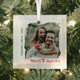 Minimal Merry and Married Couples First Christmas Glass Tree Decoration