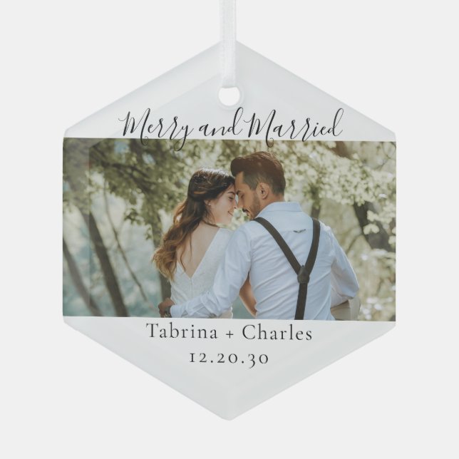Minimal Merry and Married Photo Ceramic Ornament (Front)