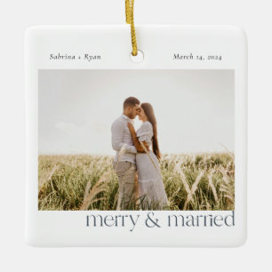 Minimal Merry and Married Photo  Ceramic Ornament