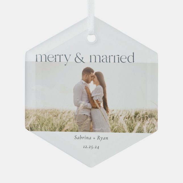 Minimal Merry and Married Photo  Ceramic Ornament (Front)