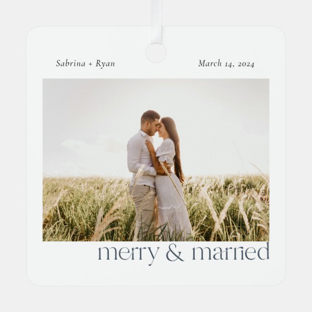 Minimal Merry and Married Photo  Ceramic Ornament (Front)