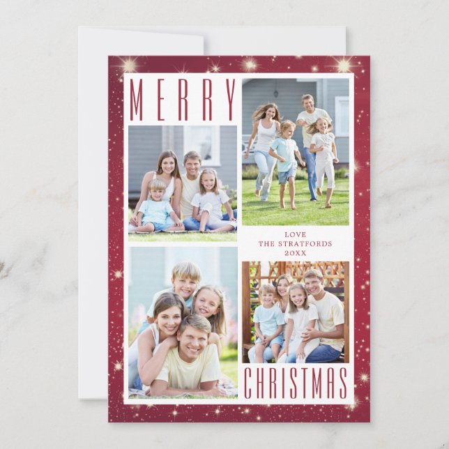 Minimal MERRY CHRISTMAS 4 Photo Collage Lights Holiday Card (Front)