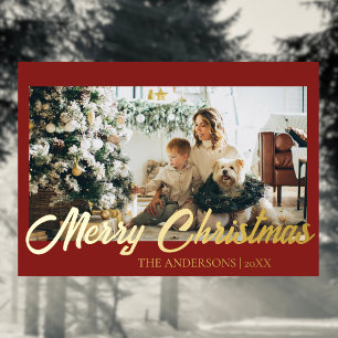 Minimal Merry Christmas Deep Burgundy Photo Family