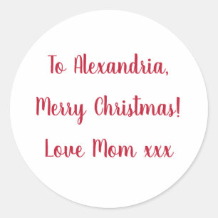 Minimal Merry Christmas from Mum Red and White Classic Round Sticker
