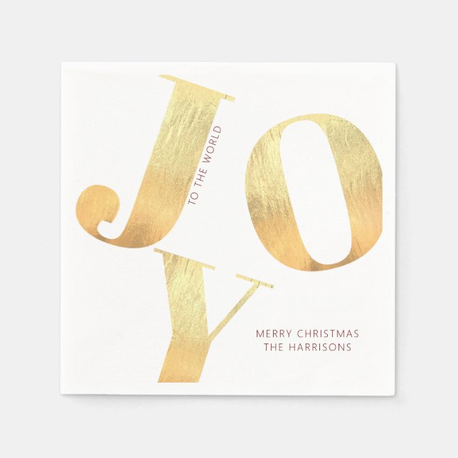 Minimal Merry Christmas Joy To The World Gold Foil Napkin (Front)
