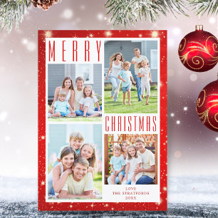Minimal MERRY CHRISTMAS Photo Collage Red Lights H Holiday Card