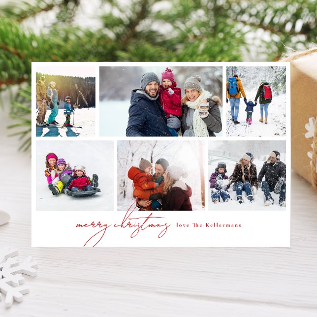 minimal merry christmas red 6 Photo Collage Holiday Card (Creator Uploaded)