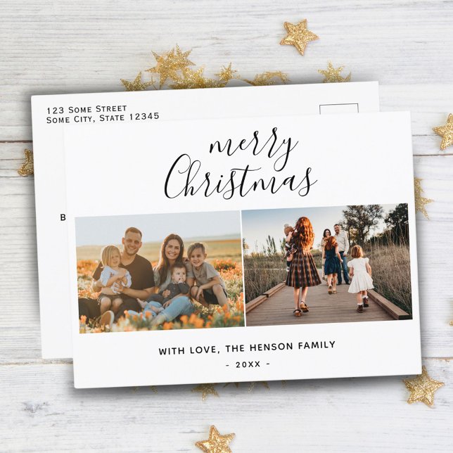 Minimal Merry Christmas Script Family 2 Photo  Holiday Postcard (Creator Uploaded)