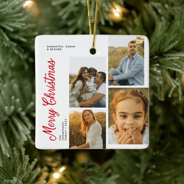 Minimal Merry Christmas Script Family 4 Photos Ceramic Ornament (Tree)