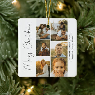Minimal Merry Christmas Script Family 6 Photos Ceramic Ornament