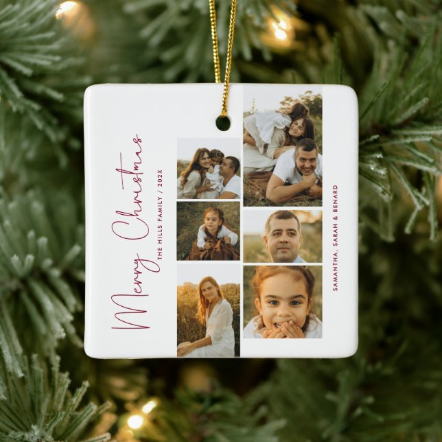 Minimal Merry Christmas Script  Family  6 Photos Ceramic Ornament (Tree)