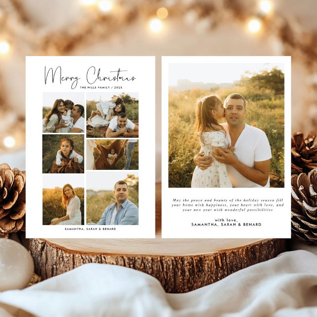 Minimal Merry Christmas Script  Family  7 Photos Holiday Card (Creator Uploaded)