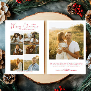 Minimal Merry Christmas Script Family 7 Photos Red Holiday Card