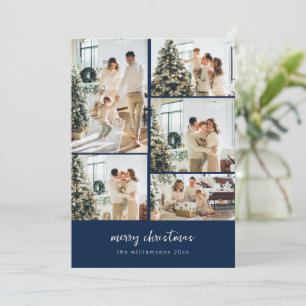 Minimal Merry Christmas Script Photo Collage Navy Holiday Card