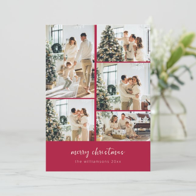 Minimal Merry Christmas Script Photo Collage Red Holiday Card (Standing Front)
