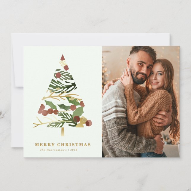 Minimal Merry Christmas Tree Photo Holiday Card (Front)