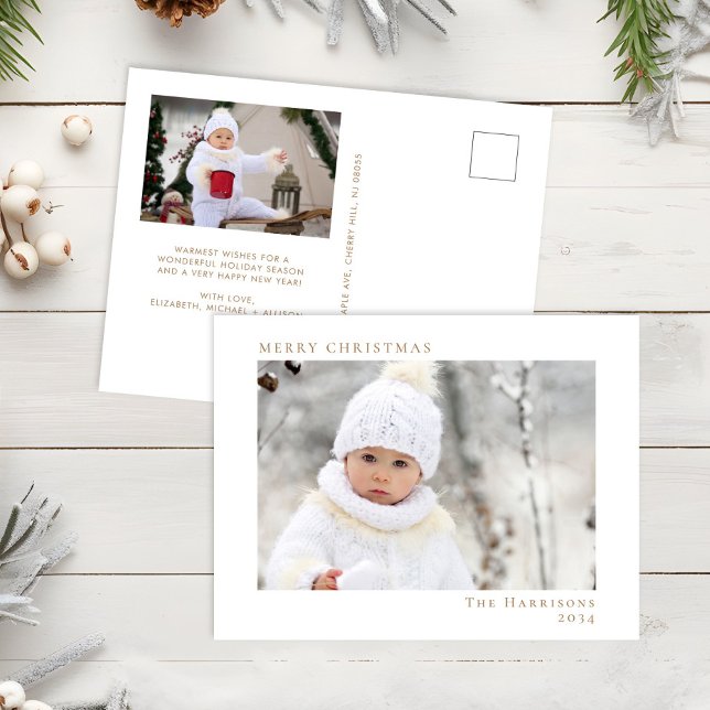 Minimal Merry Christmas White Gold Photo Holiday Postcard (Creator Uploaded)