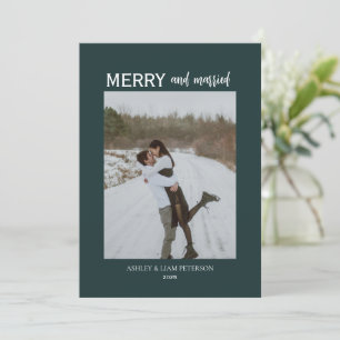 Minimal Merry & Married Newlyweds Photo Green Holiday Card