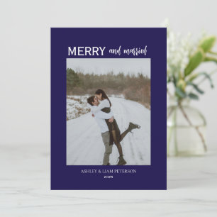 Minimal Merry & Married Newlyweds Photo Navy Holiday Card