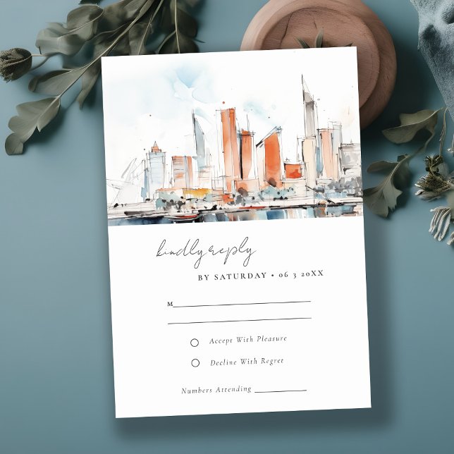 Minimal Miami Florida Skyline Watercolor Wedding RSVP Card (Creator Uploaded)
