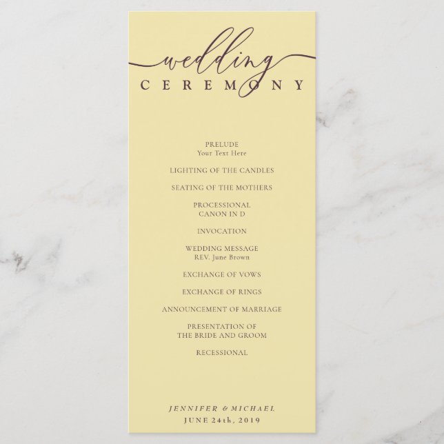 Minimal Midnight Fig Script Wedding Ceremony Programme (Front)
