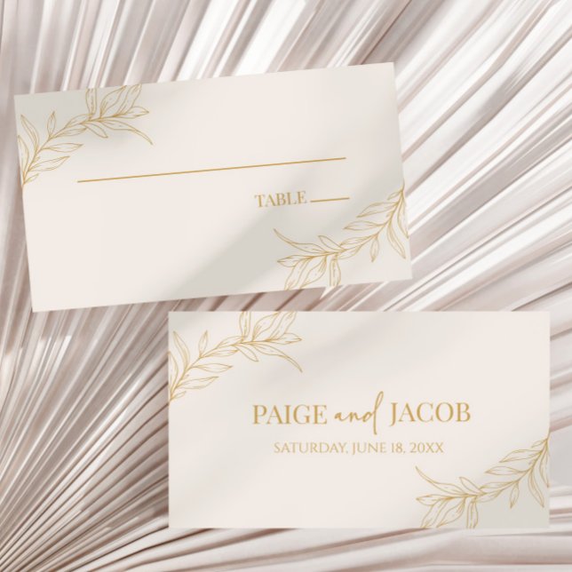 Minimal Minimalist Beige Gold Branch Leaf Wedding Place Card (Creator Uploaded)