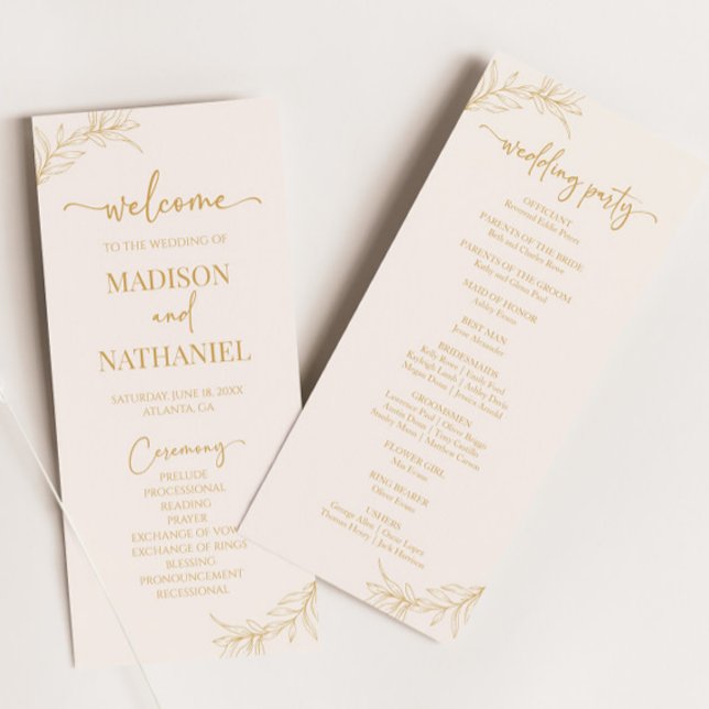 Minimal Minimalist Beige Gold Branch Leaf Wedding Programme (Creator Uploaded)
