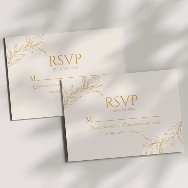 Minimal Minimalist Beige Gold Branch Leaf Wedding RSVP Card (Creator Uploaded)