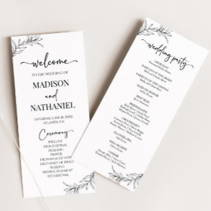 Minimal Minimalist Black White Branch Leaf Wedding Programme