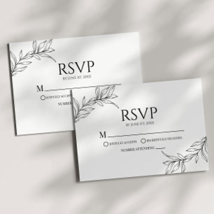 Minimal Minimalist Black White Branch Leaf Wedding RSVP Card