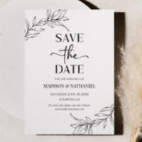 Minimal Minimalist Black White Branch Leaf Wedding