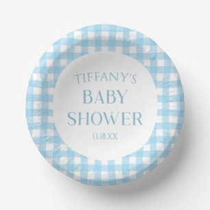 Minimal Minimalist Blue Plaid Baby Shower Paper Plate