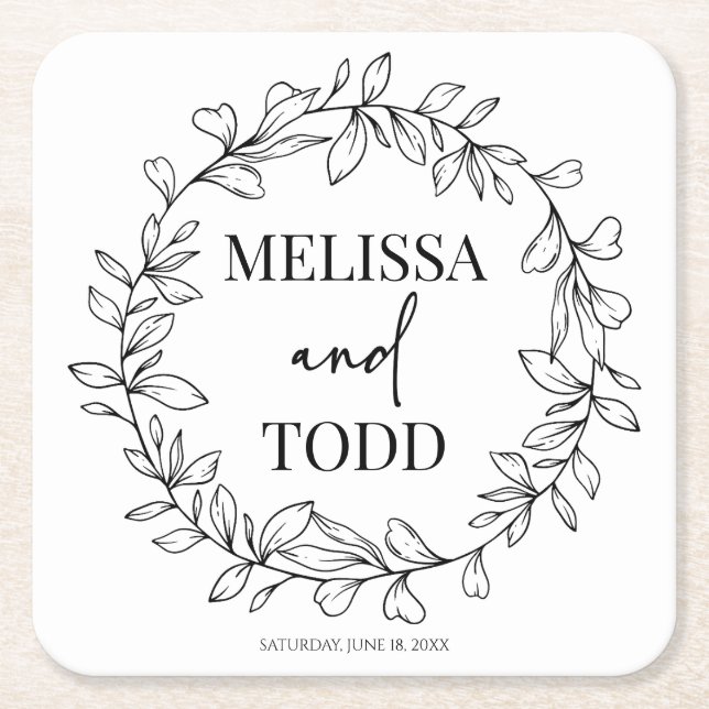 Minimal Minimalist Branch and Leaf Wreath Wedding Square Paper Coaster (Front)