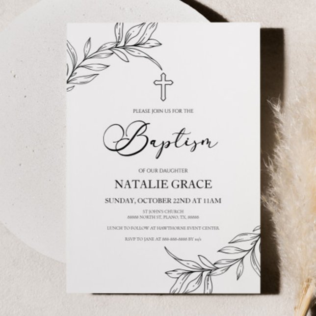 Minimal Minimalist Branch Leaves Baptism Invitation (Creator Uploaded)