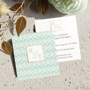 Minimal Mint & White Geometic Pattern Monogram Square Business Card