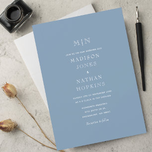 Minimal Misty Blue Monogram Wedding  Invitation