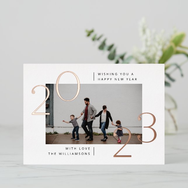 Minimal Modern 2023 Foil New Year Photo Card (Standing Front)