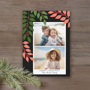 Minimal modern 2 photo - botanical coral black holiday card
