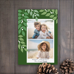 Minimal modern 2 photo - botanical olive green holiday card