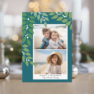 Minimal modern 2 photo - botanical teal green holiday card