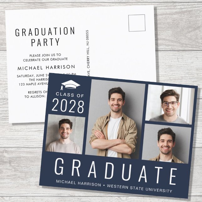 Minimal Modern 4 Photo Blue Graduation Party Invitation Postcard (Creator Uploaded)