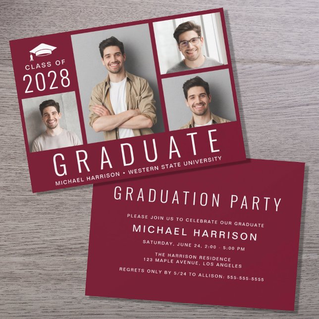 Minimal Modern 4 Photo Burgundy Graduation Party Invitation (Creator Uploaded)