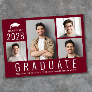 Minimal Modern 4 Photo Collage Burgundy Graduation Announcement
