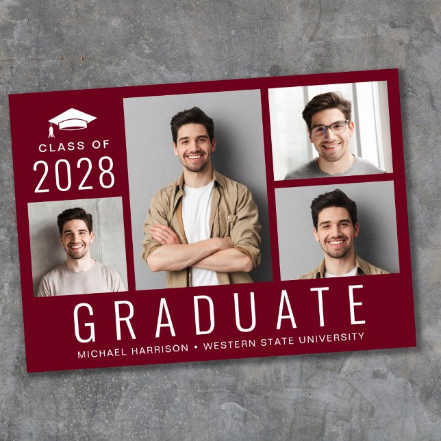 Minimal Modern 4 Photo Collage Burgundy Graduation Announcement (Creator Uploaded)