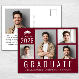 Minimal Modern 5 Photo Collage Burgundy Graduation Announcement Postcard