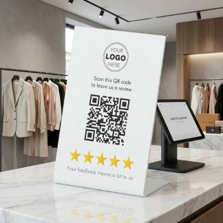 Minimal Modern 5-Star Business Review QR Code Pedestal Sign
